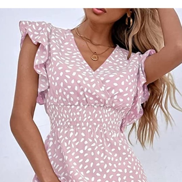 Allover Print Shirred Ruffle A Line Maxi Dress Cap Sleeve Wrap V Neck Dress EUC - Picture 5 of 5